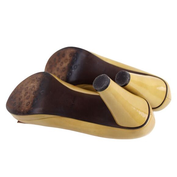 Joy Chen MUSTARD REAL LEATHER HIGH HEEL OPEN TOE BUCKLE CLASSIC PUMP SHOES Sz 9 - Picture 9 of 10